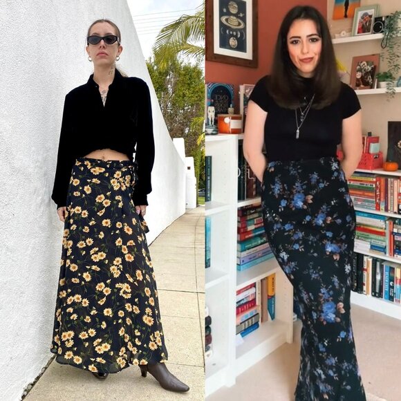 Vintage 90s moody soft grunge whimsigoth indigo watercolour floral maxi skirt - Picture 5 of 6